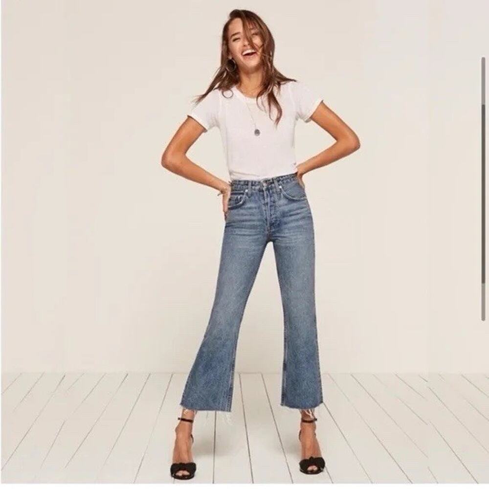 Reformation Mid Crop Flare Jeans Baltic Wash Button Fly READ Womens 29